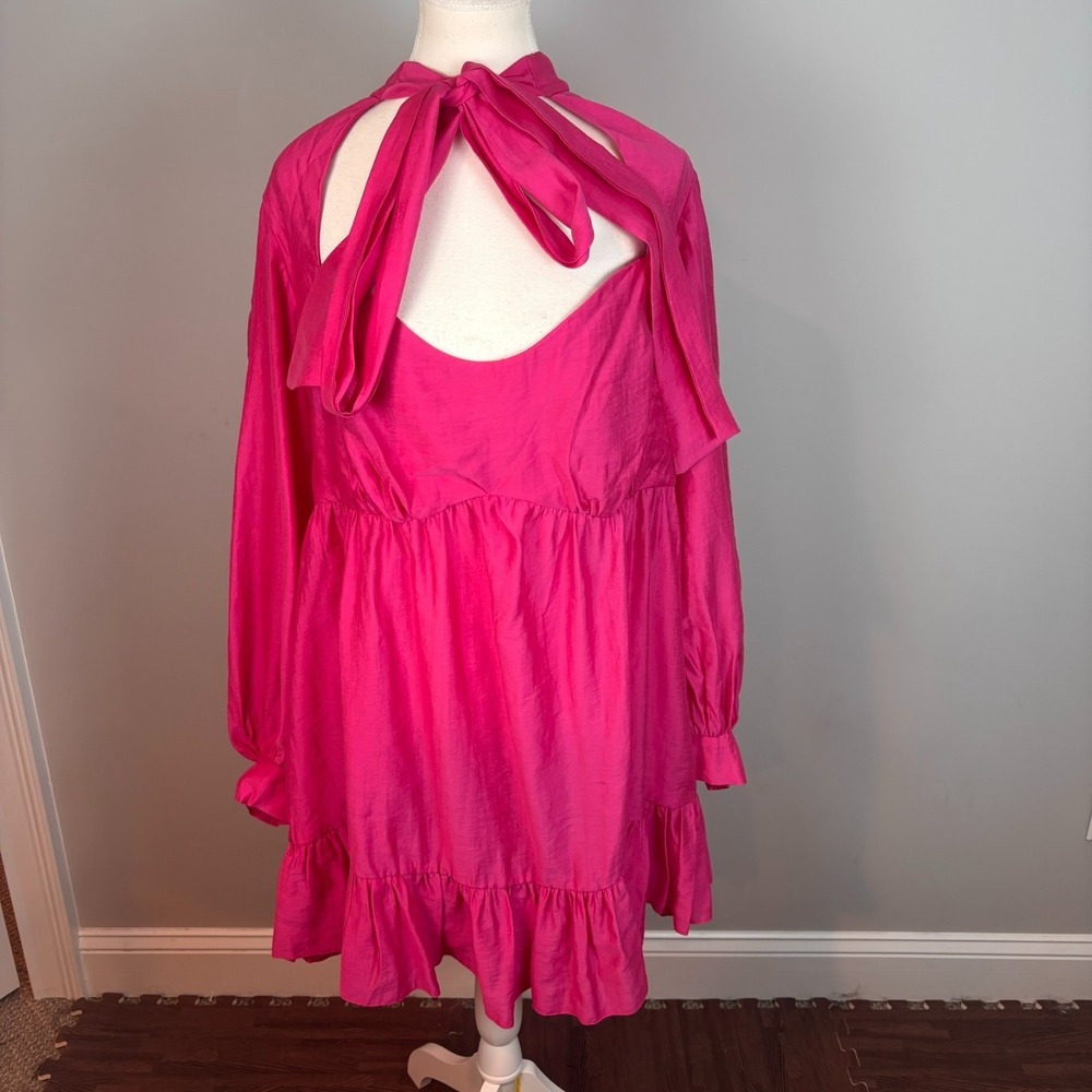Asos Curve Womens Pink Tie Neck Ruffle Long Sleeve Mini Dress Size UK 18 US 14